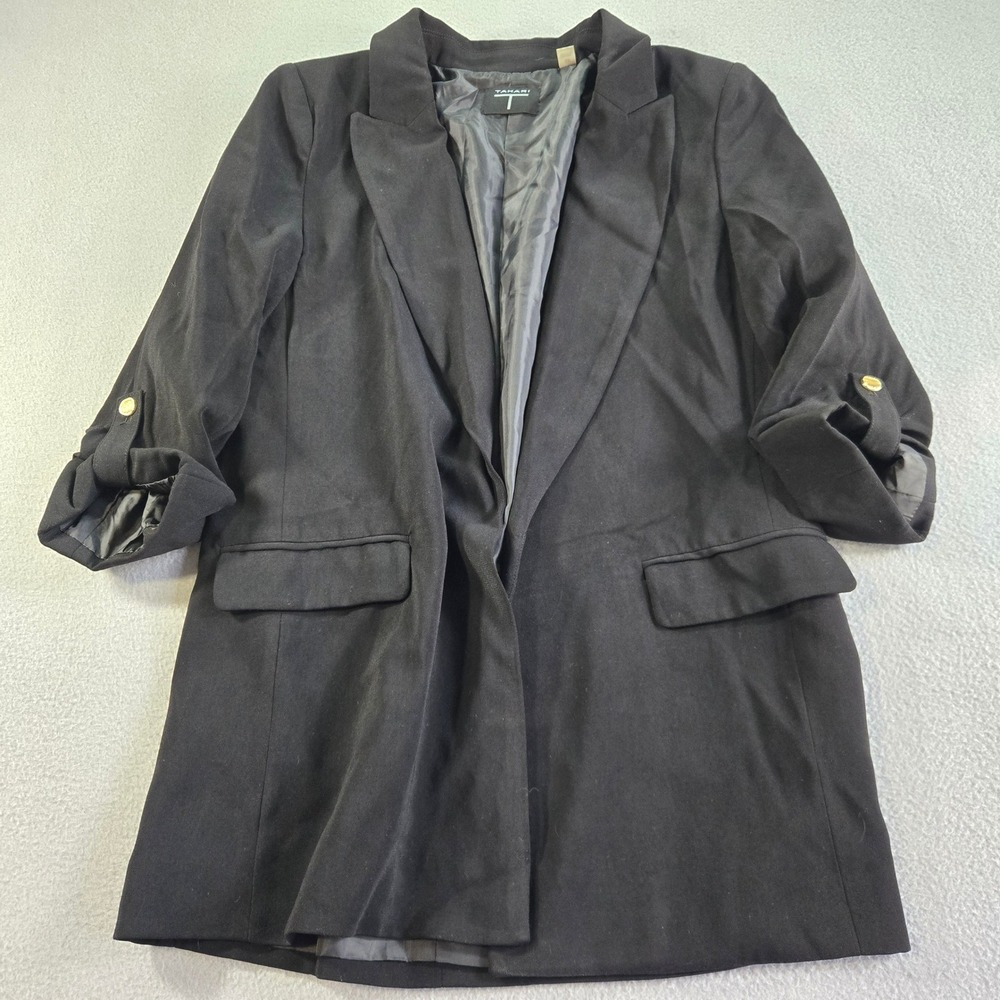 Tahari T Blazer Womens Small Black Open Front Roll Tab Sleeve Notched Lapel